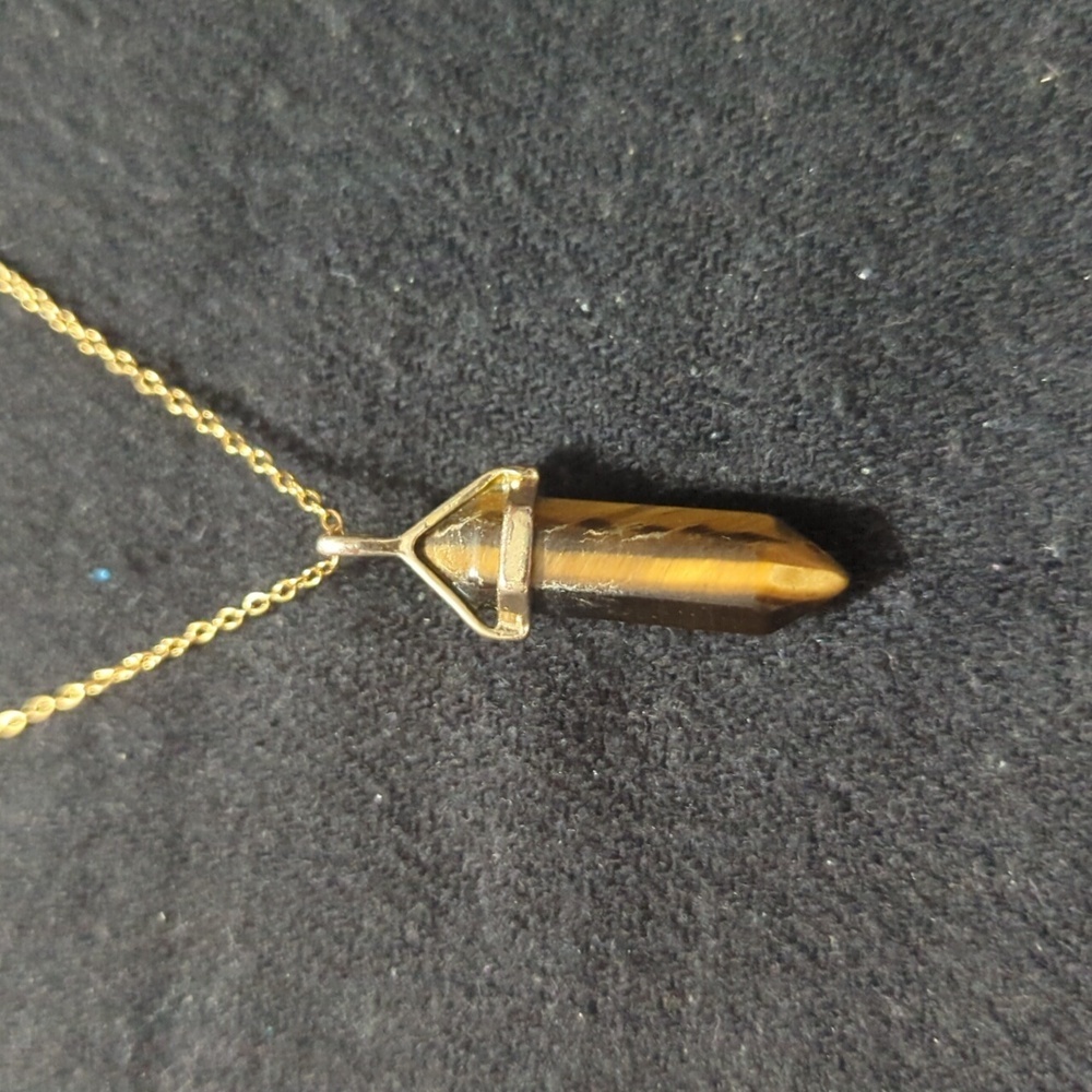 Gold Tone Brown Tiger's Eye Gemstone Point Pendant Statement Necklace